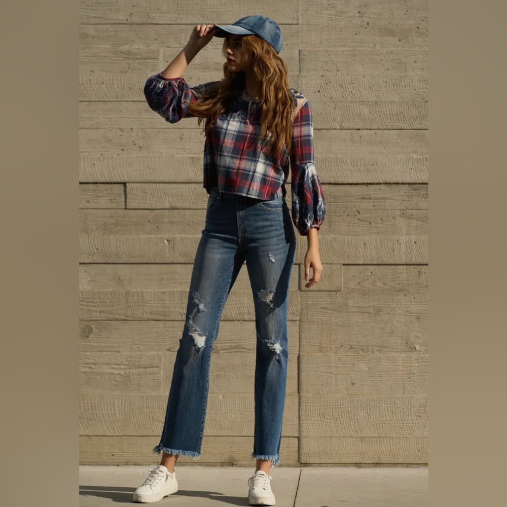 Insane Gene boot, cut, cropped medium wash, distressed with stretch